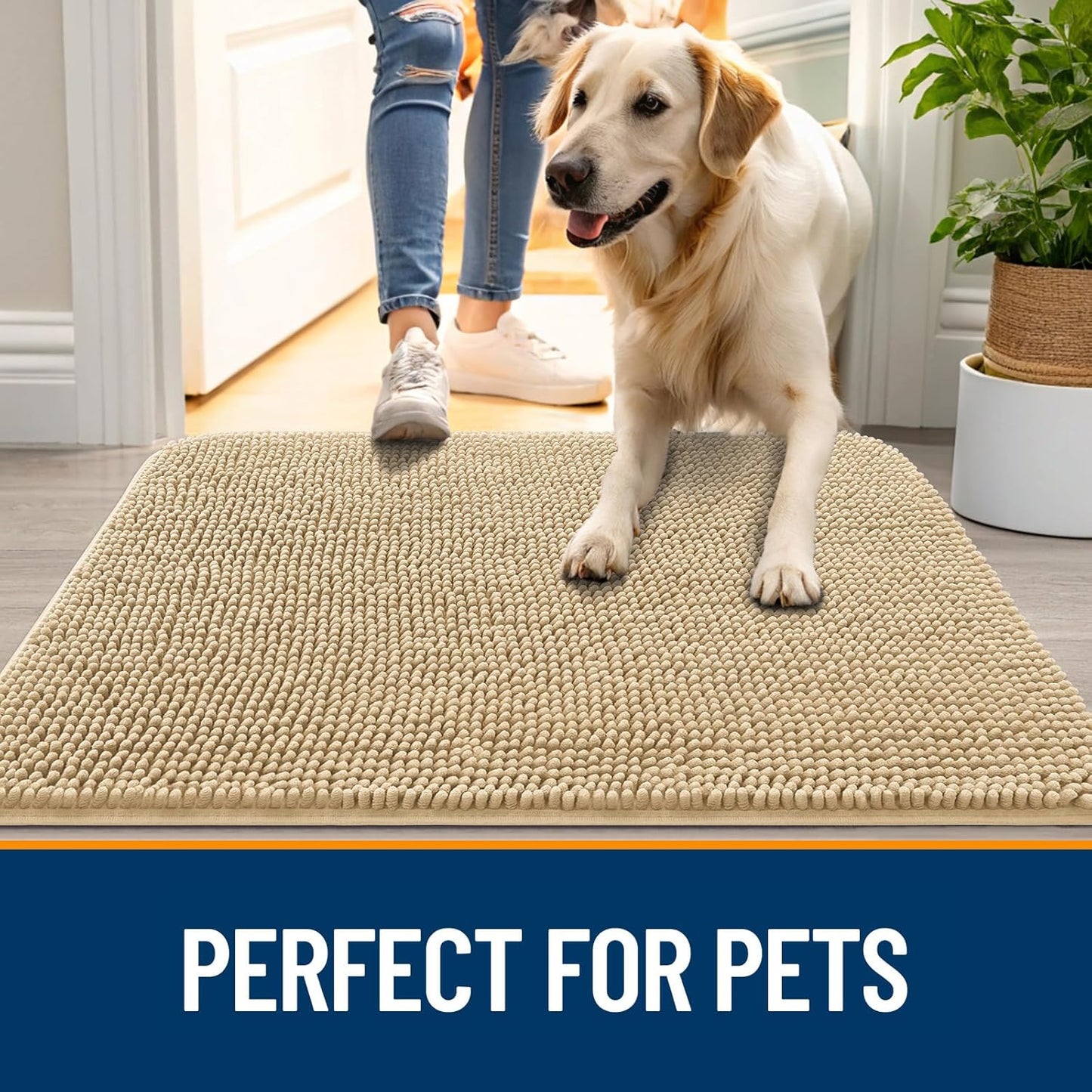 OLANLY Dog Door Mat - Absorbent Non-Slip Chenille Mat for Muddy Paws | 47x17 Inches, Beige