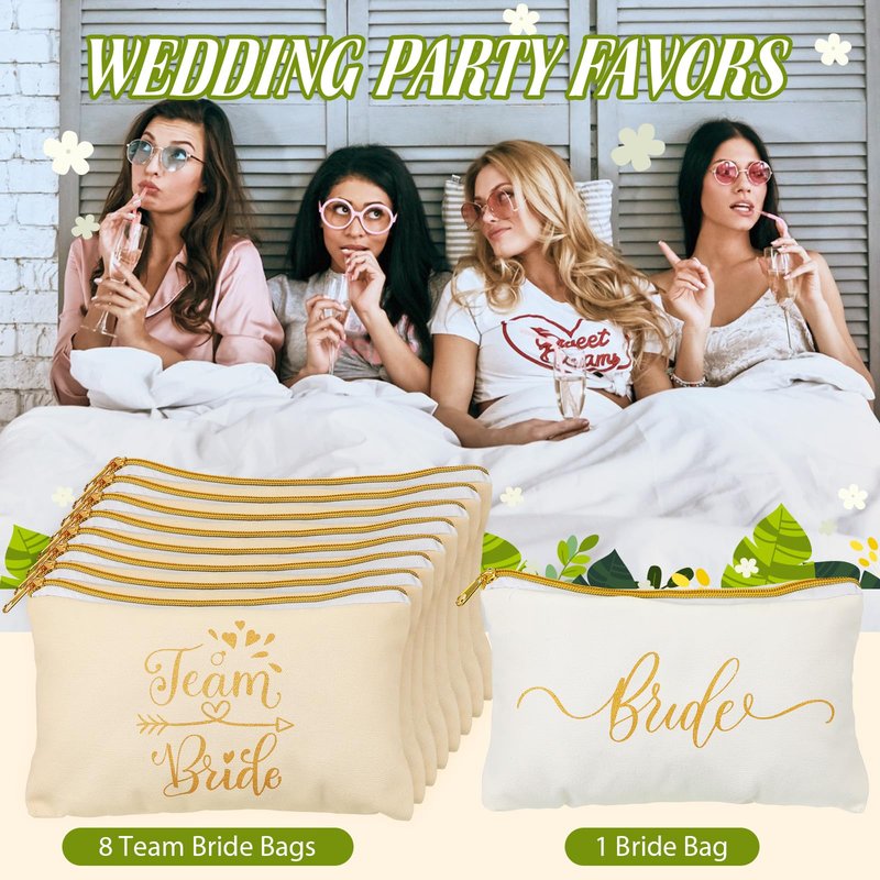 Sweetude 27 Pcs Bridesmaid Proposal Gift Bride Cosmetic Makeup Bags Bridal Hair Scrunchies Ties Heart Shape Sunglasses for Wedding Bachelorette Party Favor(Champagne, White)