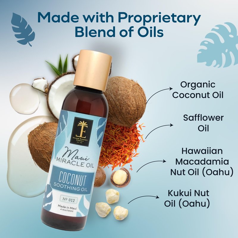 Island Essence Coconut Soothing Oil – Hawaiian Body Oil with Organic Coconut Oil, Kukui & Macadamia Nut – Lightweight Massage Oil for Skin, Hair & Nails – Made in Maui – 4.5 oz