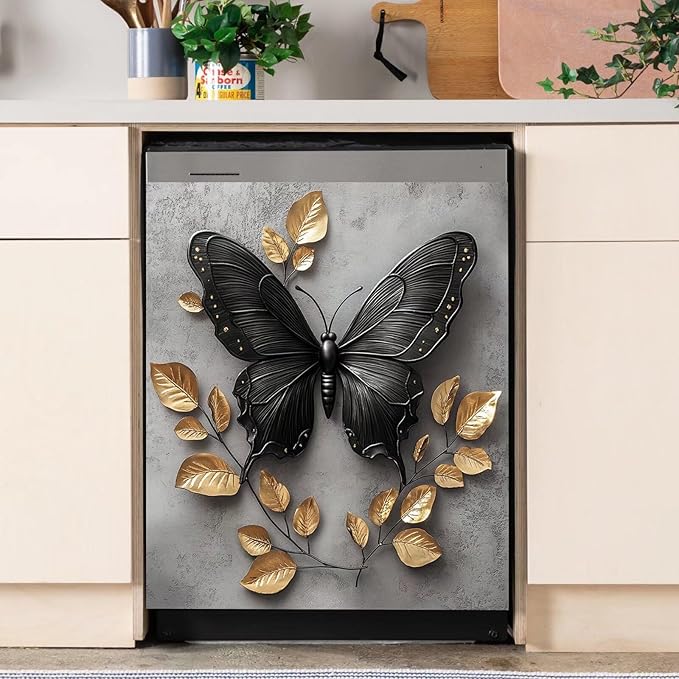 Black Butterfly Gold Leaf Dishwasher Magnet Cover Metalized Pattern Front Dishwasher Cover Magnetic Home Appliances Doors Panel Magnets Decals Kitchen Decorative 23" x 26"(Magnetic)