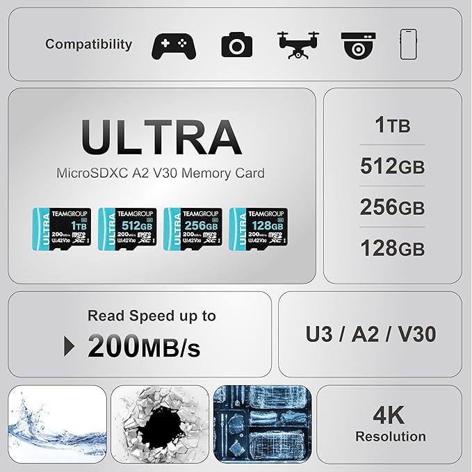 TEAMGROUP A2 Ultra Card 128GB MicroSDXC UHS-I U3 A2 V30, R/W up to 200/80MB/s for Nintendo-Switch1, Steam Deck, Gaming Devices, Tablets, Smartphones, 4K Shooting, with Adapter TULMSDX128GIA2V3022503