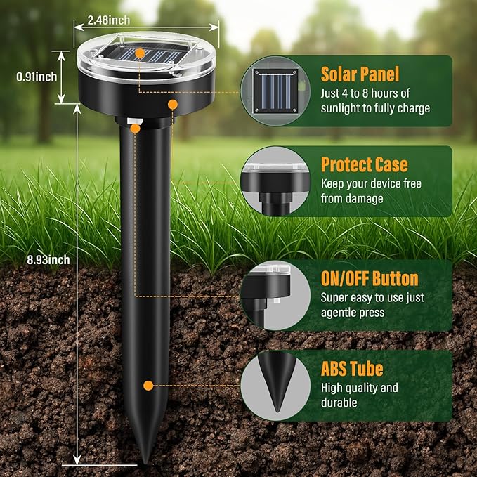 Mole Repellent Solar Powered - 10Pack, Snake Repellent for Yard Gopher Mole Repellent for Lawn Garden, Waterproof Pest Control Outdoor Keep Moles Out of Yard, Round, Black