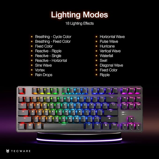 TECWARE Phantom+ 87 Mechanical Gaming Keyboard | RGB LED Backlit | Hot Swappable Wraith Red Switches | 87 Key TKL Layout | Thocky Sound Profile | Detachable USB-C Wired | Black