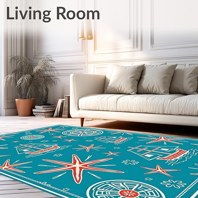 Flatwoven High Traffic Area Rug 3x5, Oceanic World Map with Starfish and Sailing Vessel Illustrations, Non Slip, Stain Resistant, Washable Area Rugs for Living Room, Bedroom (Blue, 3x5)