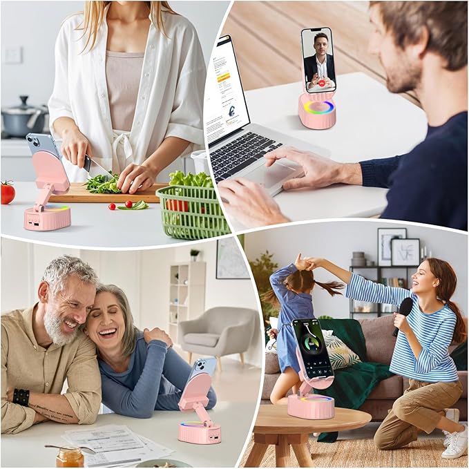 AKLLCCR Wireless Induction Audio Bluetooth Speaker 5in1 Phone Holder Emergency Rechargeable (3000mAh) with Colorful Ambient Light 300° Foldable for Tablet iPhone Android, Womens Birthday Gifts(Pink)