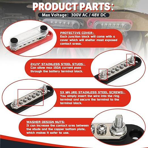 ZJTBLL 150A 12V Power Distribution Block with 2 x 1/4" (M6) Studs + 5 x M4 (#8) Screws Max 150A 48V DC 300V AC for Automotive Car Marine Truck Boat