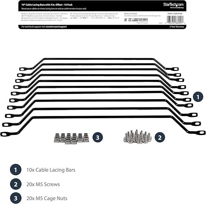 StarTech 10-Pack Horizontal Lacing Bar with 4in (10.2cm) Offset at 75 Degrees, Server Rack Cable Management, 19" Network Rack-Mount Cord Organizer, TAA