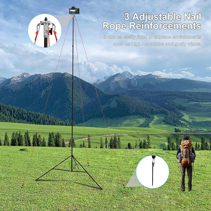 20FT Heavy Duty Tripod Stand with Rope, Spring-Assisted Telescoping Aluminum, 1/4" & 3/8" Screws, Portable for Sports & Outdoor Shooting