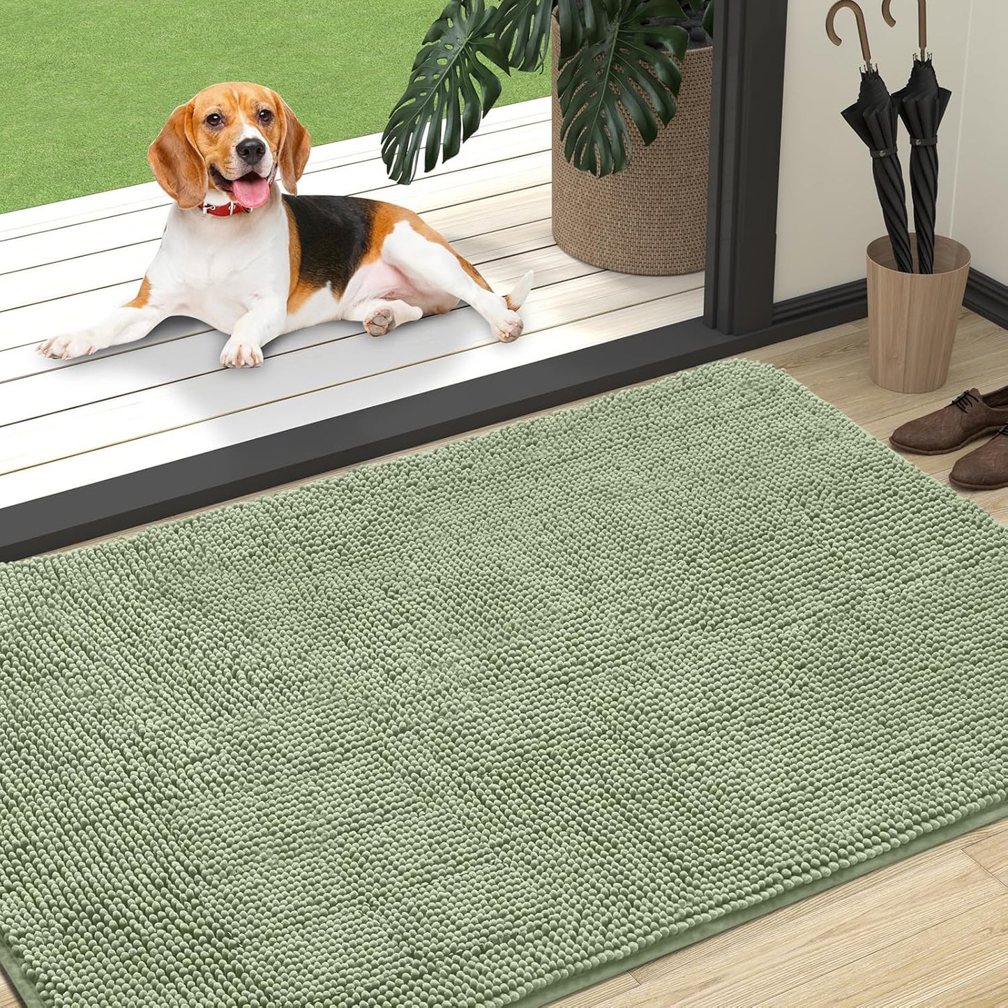 OLANLY Dog Door Mat - Absorbent Non-Slip Chenille Mat for Muddy Paws | 47x32 Inches, Sage Green