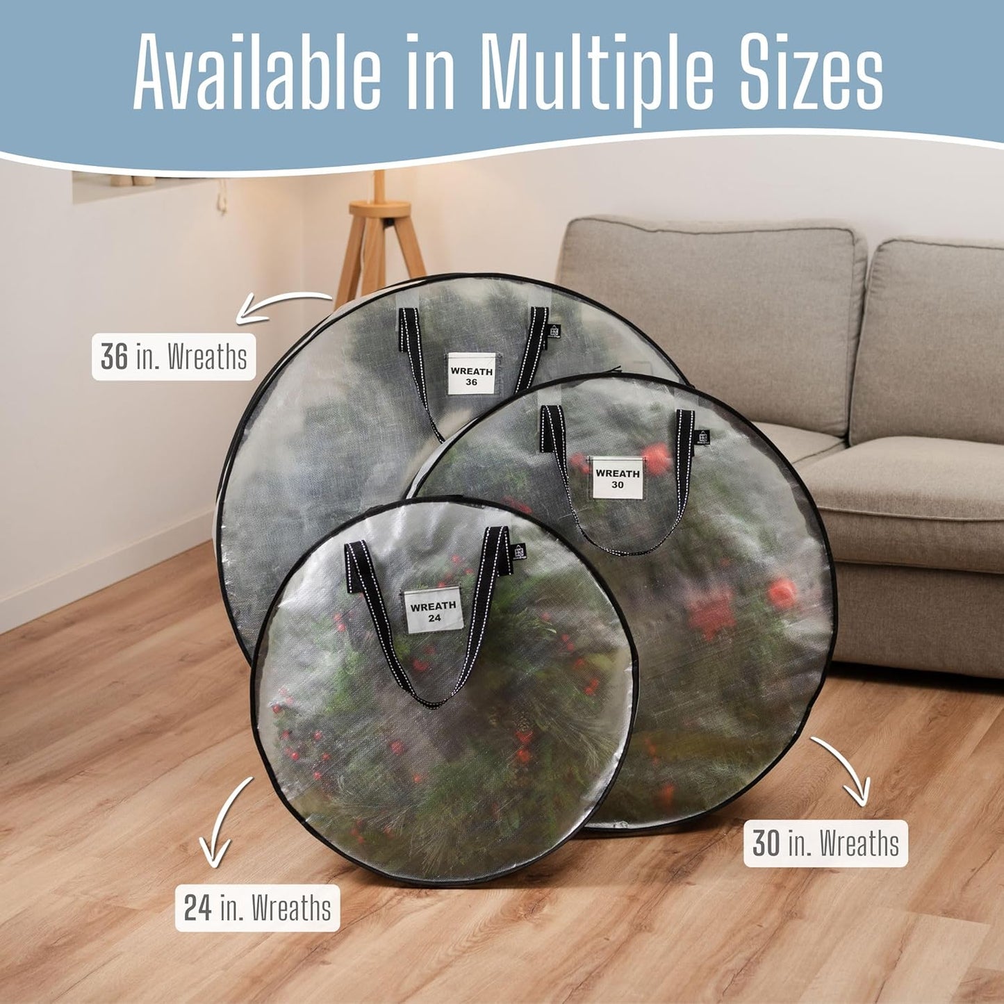 VENO Wreath Storage Container - 24 Inch Heavy Duty Clear Bag with Wall Hanging Handles | 2 Pack