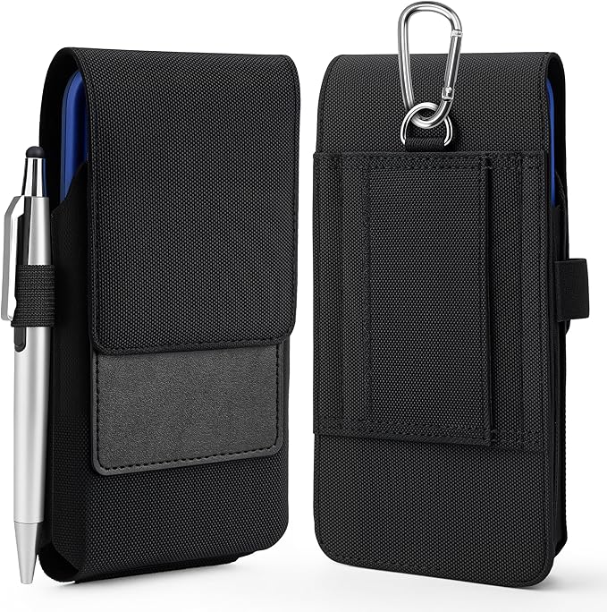 BECPLT for iPhone 16/15/14/13/12 Pro & Galaxy S24/S23/S22/S21 - Nylon Phone Holster with Belt Clip, Loops - Black