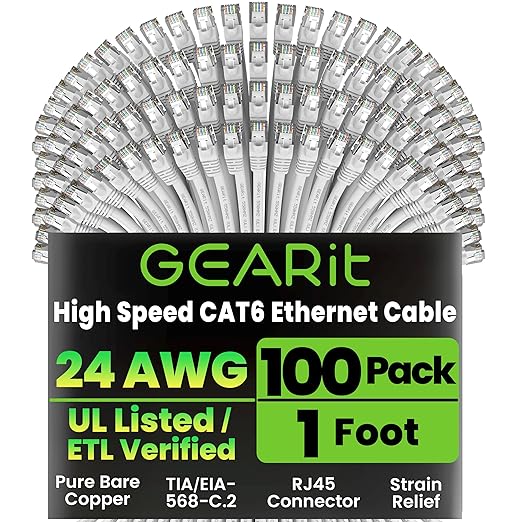 GEARit Cat 6 Patch Cables 1 ft White (100 Pack) - Cat6 Patch Cables 1ft White/Ethernet Patch Cable, 10Gbps 550MHz 24AWG Pure Copper, Snagless, Gold Plated RJ45 for Router, Server, Router, PC