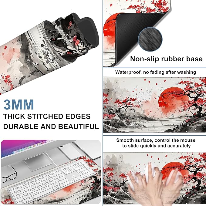 NITAHHHY Large Mouse Pad Ink Painting Gaming Desk Pad Computer Keyboard Non-Slip Waterproof Mouse Mat with Rubber Base and Stitched Edges Entertainment Office Writing Desk Mat 35.4 x 15.7 Inches