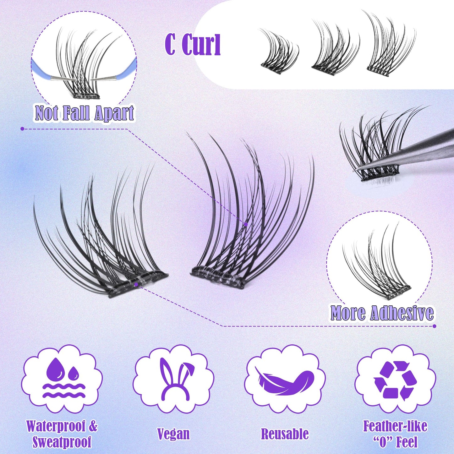 Self Adhesive Eyelashes Reusable Natural Self Adhesive Lash Clusters Wispy Press on Lashes Pre-Glue 8-12mm 120pcs C Curl DIY Eyelash Extensions Kit No Glue Needed by ALICE