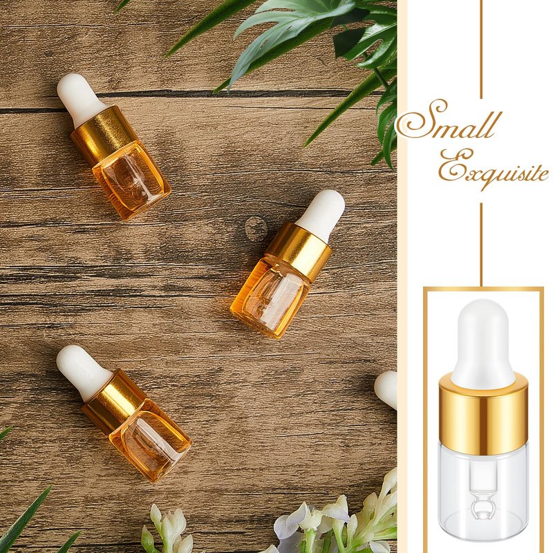 Didaey 100 Pcs 2 ml Mini Glass Oil Dropper Bottle Bulk, Clear Essential Small Empty Bottles Sample Containers Perfume Liquid Vials with Cap for Traveling(2 ml, Gold)