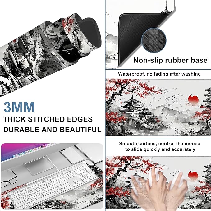 NITAHHHY Oriental Painting Gaming Mouse Pad 3mm Thick Stitched Edge Waterproof Non-Slip Large Computer Keyboard Mouse Mat,Suitable for Office Entertainment Decorative Desk Pad 35.4 x 15.7 Inches