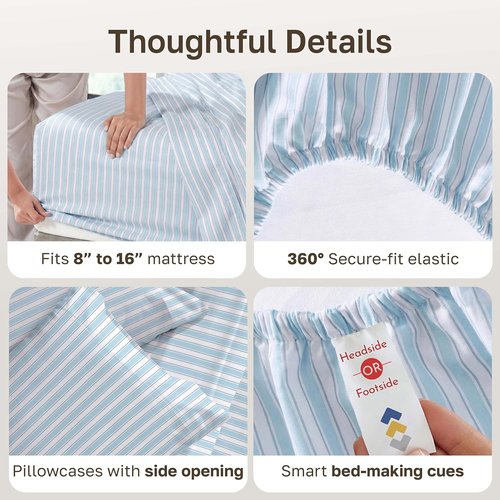 California Design Den 100% Cotton Full Size Sheet Set - Award-Winning 400 TC, Smooth Sateen Finish, Deep Pockets - Cape Stripe Blue