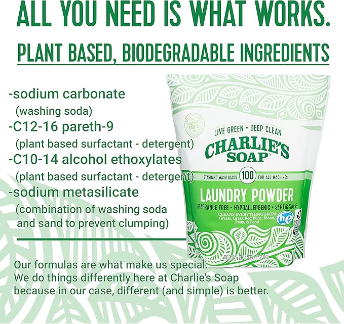 Charlieâs Soap Laundry Powder (100 Loads, 3 Pack) Hypoallergenic Deep Cleaning Washing Powder Detergent â Eco-Friendly, Safe, and Effective