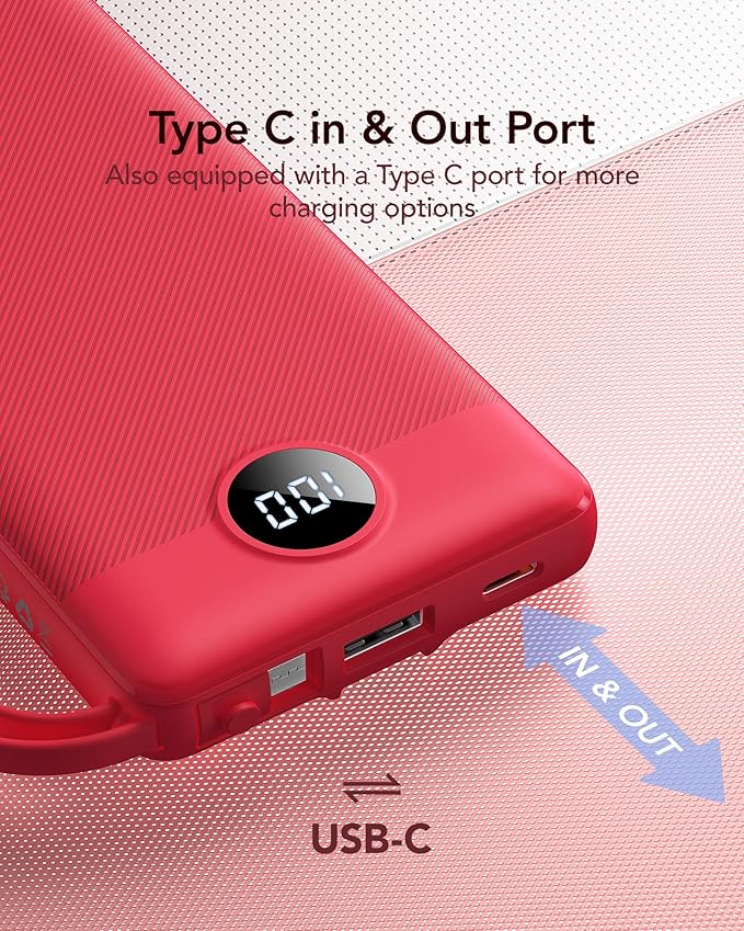 VRURC Portable Charger, Built in 4 Cables & Lanyard Power Bank 10000mAh, Compact USB C Charging Bank 5 Outputs for Multi Devices,Travel Essential for Hiking Camping Business Cruise Ship-Red(1 Pack)