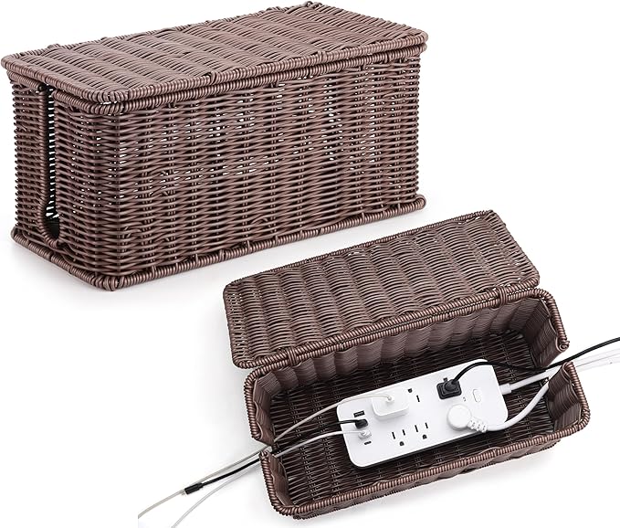 ZhiYo Rattan Cable Management Box, Dark Brown, 13.5" x 6.2" x 6"