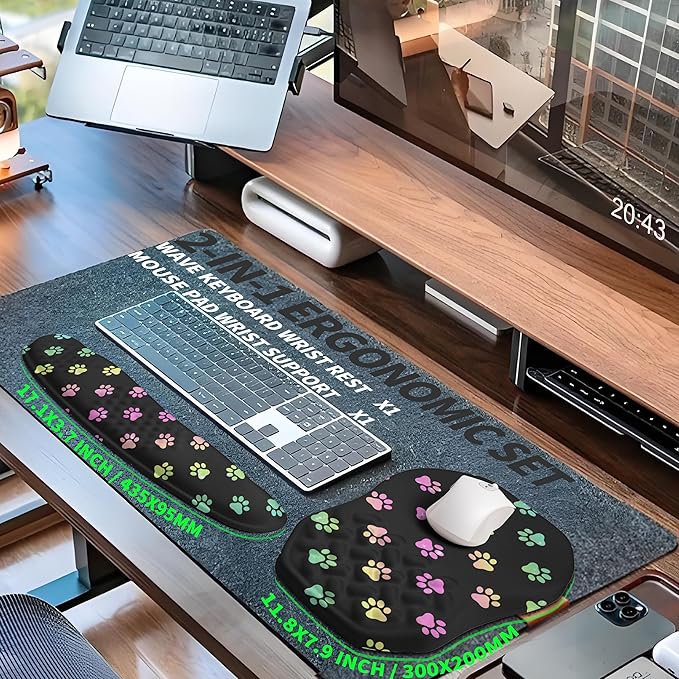 Gleamtide 2-in-1 Ergonomic Set, Wave Keyboard Wrist Rest and Massage Slope Mouse Pad Wrist Support, Rebound Memory Foam for Relieve Carpal Tunnel Syndrome and Wrist Pain (Cute Cat Claws)