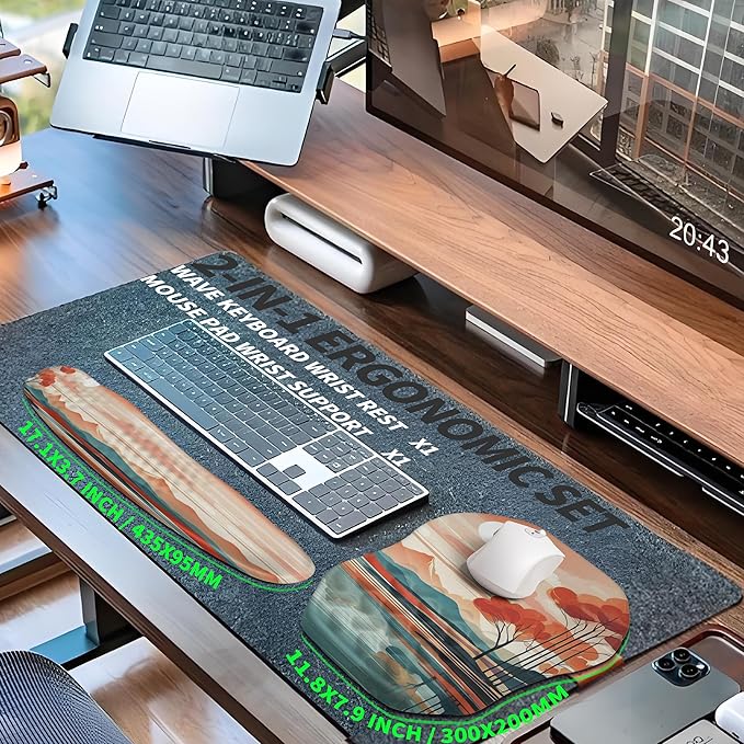 Gleamtide 2-in-1 Ergonomic Set, Wave Keyboard Wrist Rest and Massage Slope Mouse Pad Wrist Support, Rebound Memory Foam for Relieve Carpal Tunnel Syndrome and Wrist Pain (Landscape)