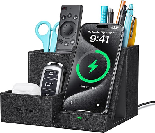 Investme Wireless Charger with Desk Organizer, Pen Pencil Holder, Multifunctional Desktop Organizer, Office Supplies and Desk Accessories Organizer with 3 Compartments and 1 Phone Stand, PU Black