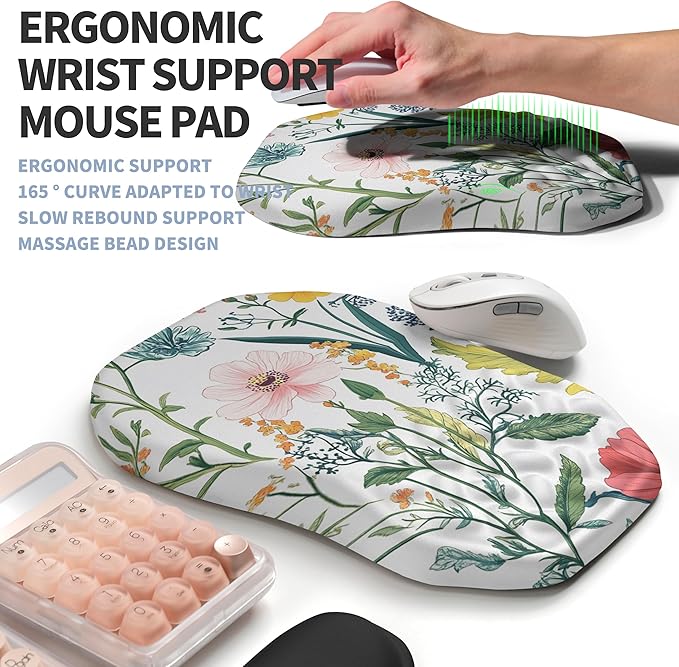 Gleamtide 2-in-1 Ergonomic Set, Wave Keyboard Wrist Rest and Massage Slope Mouse Pad Wrist Support, Rebound Memory Foam for Relieve Carpal Tunnel Syndrome and Wrist Pain (Pink Flowers)