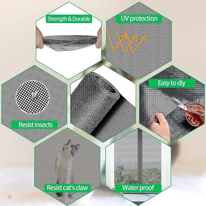 QWR Pet Proof Window Screen and Screen Door Replacement, 48"x 360" Upgraded Durable Thickened Vinyl Coated Wire-Like Mesh for Sliding Screen Door,Patio,Windows(Rolled Package Without Tool Kit)