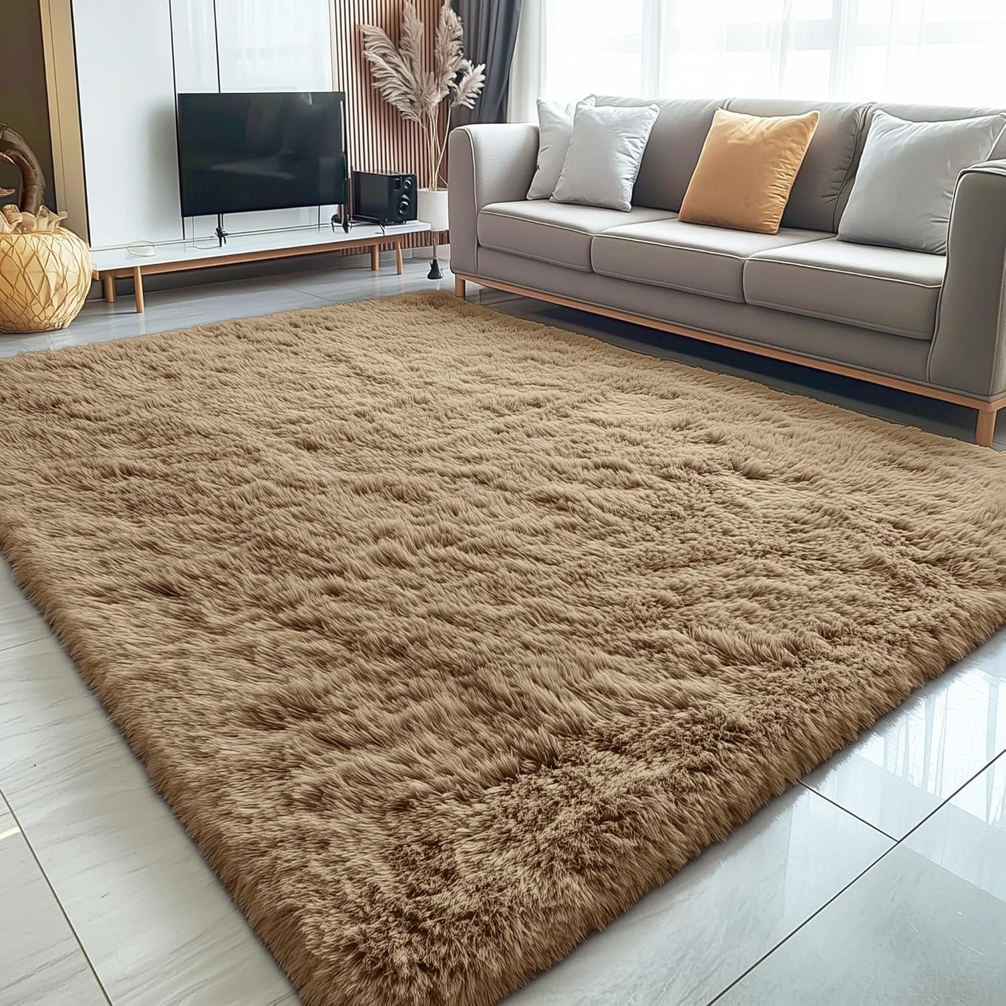 OLANLY Large Area Rug - Soft Fluffy Shaggy Indoor Carpet for Living Room & Bedroom - 5x7 Taupe
