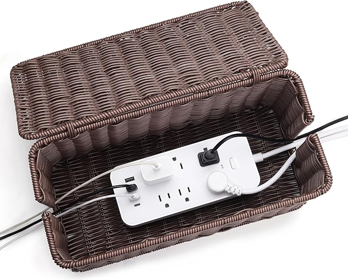 ZhiYo Rattan Cable Management Box, Dark Brown, 13.5" x 6.2" x 6"