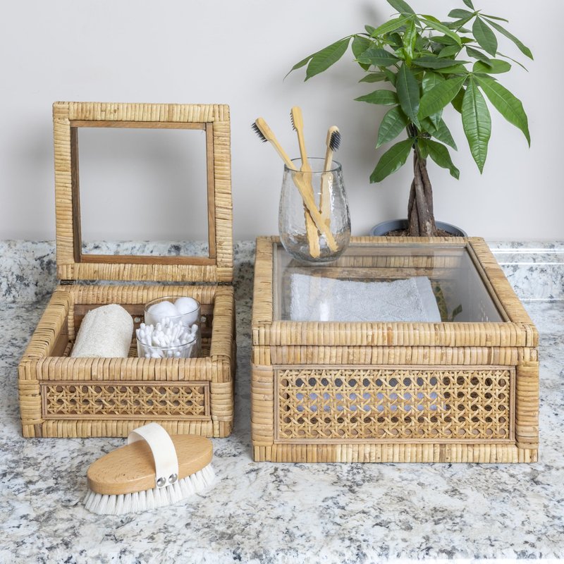 Creative Co-Op Modern Decorative Square Woven Rattan and Wood Display Boxes with Glass Top, Set of 2 Sizes, Natural Finish