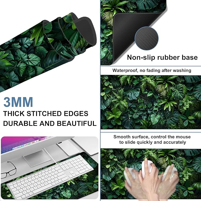 NITAHHHY Large Mouse Pad Monstera Leaf Gaming Desk Pad Computer Keyboard Non-Slip Waterproof Mouse Mat with Rubber Base and Stitched Edges Entertainment Office Writing Desk Mat 35.4 x 15.7 Inches