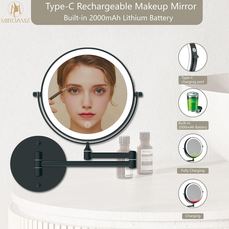 MIROAMZ Rechargeable Wall Mounted Lighted Makeup Vanity Mirror 8 Inch Double Sided 1X 10X Magnifying Bathroom Mirror, 3 Color Lighting, Touch Screen Dimming, 360 Rotation Shaving Matte Black