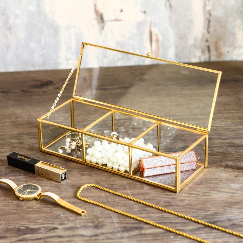 Utopz Vintage Golden Glass Lidded Box Clear Glass & Brass Metal Storage Jewelry and Cosmetic Makeup Organizer with Lid Beauty Display, Rectangle with 3 Compartment