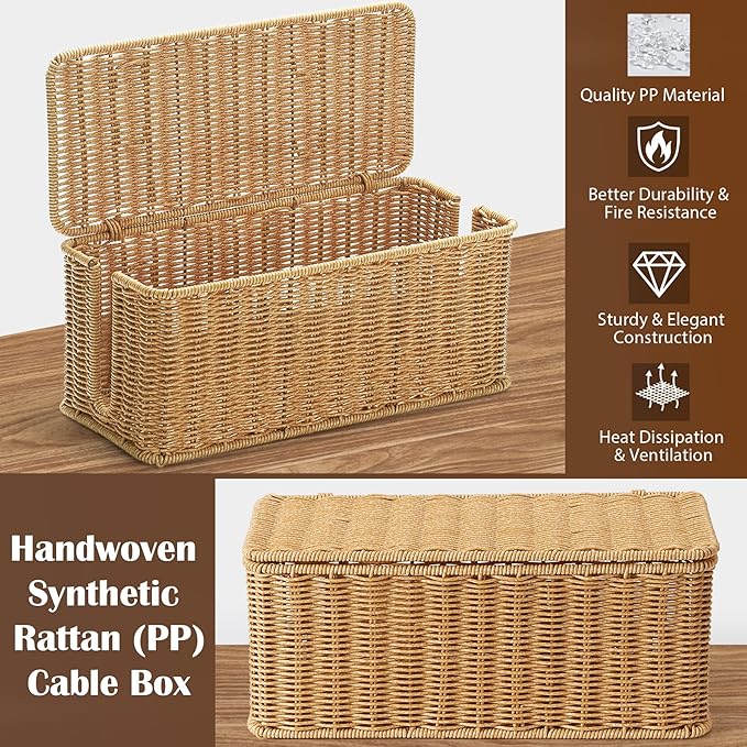 ZhiYo Rattan Cable Management Box, Brown Cord Organizer, 13.5" x 6.2" x 6"