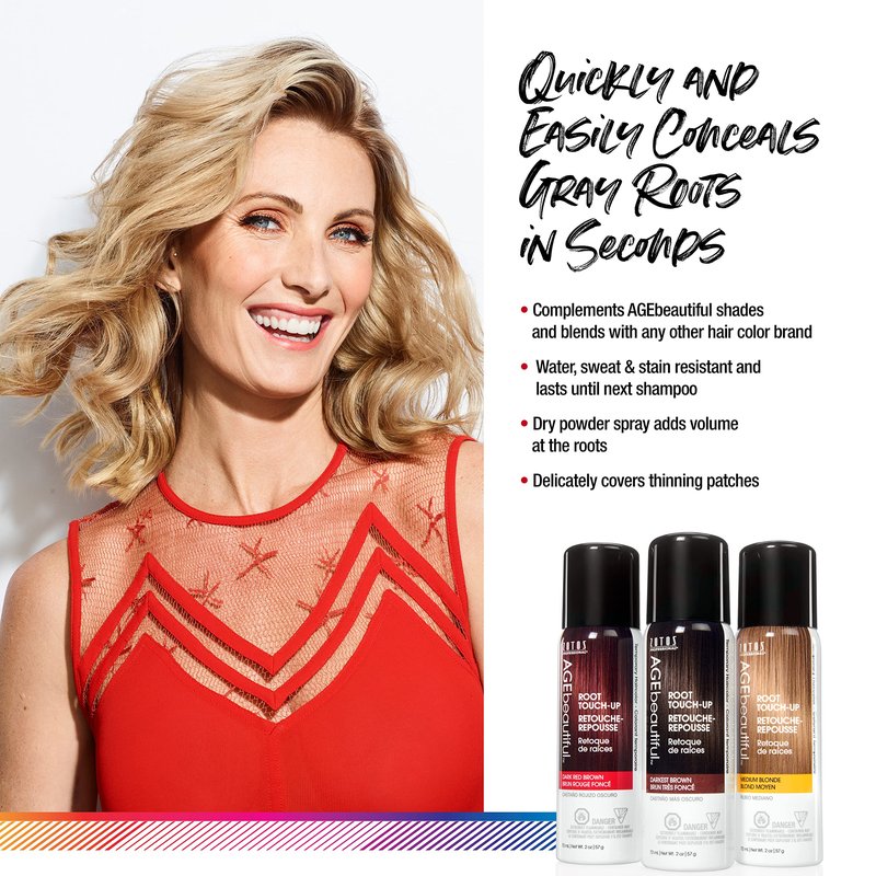 AGE beautiful Root Touch Up Hair Color Spray | Touch-Up Gray Concealer | Temporary Cover Up | Adds Volume & Covers Thinning Patches | Water, Sweat, Stain Resistant | Dark Red Brown | 2 Fl Oz