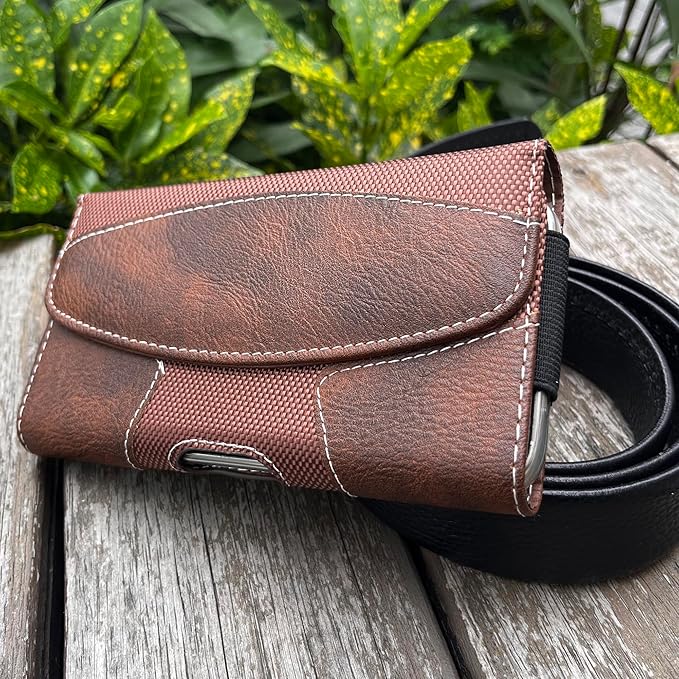 Maezar Leather Phone Holster for Men with Belt Clip, Cell Phone Holder for iPhone 17/16/15/14/13/12 Pro, Galaxy S24/S23/S21, Belt Pouch Case Magnetic Closure (Brown-L)