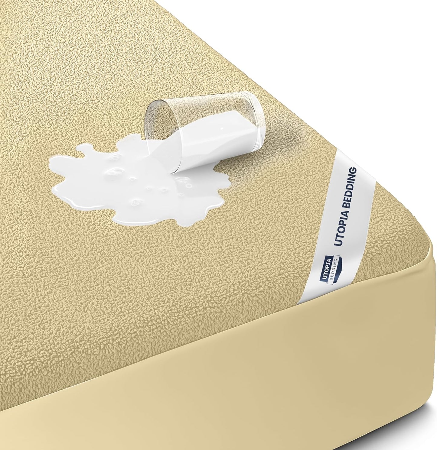 Utopia Bedding Full Size Mattress Protector - Waterproof Terry Cover with Deep Pockets | Soft & Breathable Beige