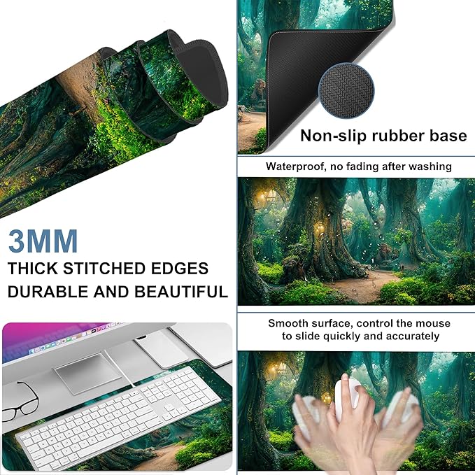 NITAHHHY Gaming Desk Pad Large Extra Length Mysterious Forest Mouse Pad Keyboard Laptop Non-Slip Waterproof with Rubber Base Thick Stitched Edge Mouse Mat for Office Home 35.4 x 15.7 Inches