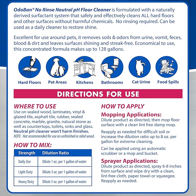OdoBan Pet Solutions No Rinse Neutral pH Floor Cleaner Concentrate, Made in the USA, Splash O' Citrus Scent, 4 Gallons