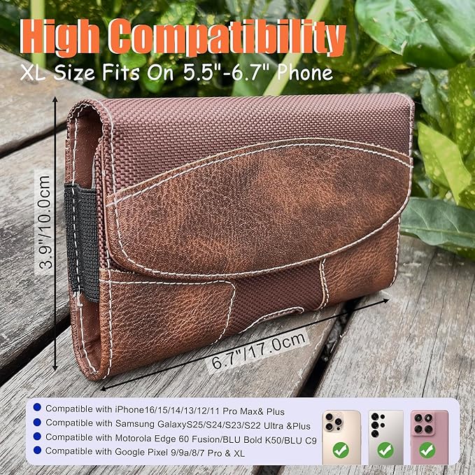 Maezar Leather Phone Holster for Men with Belt Clip, Cell Phone Holder for iPhone 17/16/15/14/13/12/Pro Max & Plus,Galaxy S25/24/23 Ultra & Plus,S24 FE,Belt Pouch Case Magnetic Closure (Brown-XL)