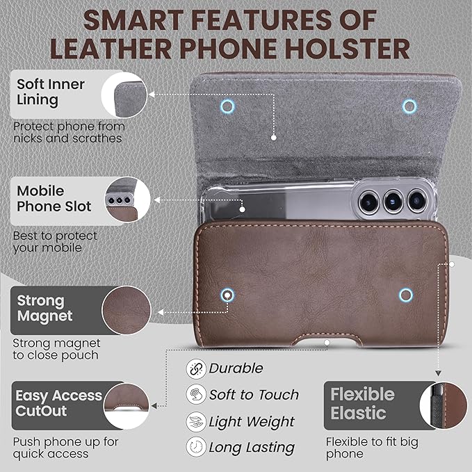 Wireless City Leather Phone Holster for iPhone 17/17 Pro 16/16 Pro/16e 15/15 Pro 14/14 Pro 13/13 Pro 12/12 Pro 11 XR Horizontal Belt Clip & Loop Phone Pouch Magnetic Closure Phone Holder for Men Brown