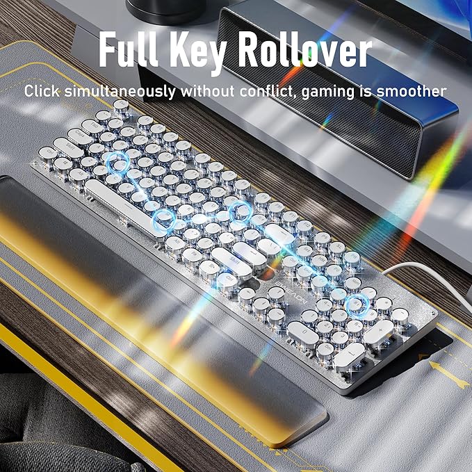 SEUNKWANG EWEADN TK100 Typewriter Style Wired Mechanical Keyboard, 104 Keys Aesthetic Typewriter Keyboard with White Backlit, Anti-Ghosting, Blue Switch Wired Cute Keyboards-White