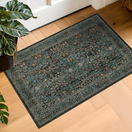 Dark Green Washable Entry Rug | Non-Slip Vintage Floral Indoor Throw Rug (2x3) for Boho Décor