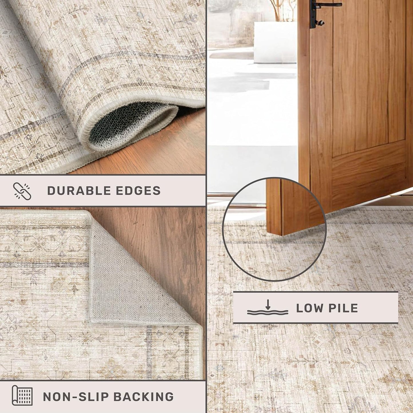 Regine Switzerland Washable 2x8 Runner Rug - Non-Slip, Stain Resistant Geometric Floral Design in Vintage Beige