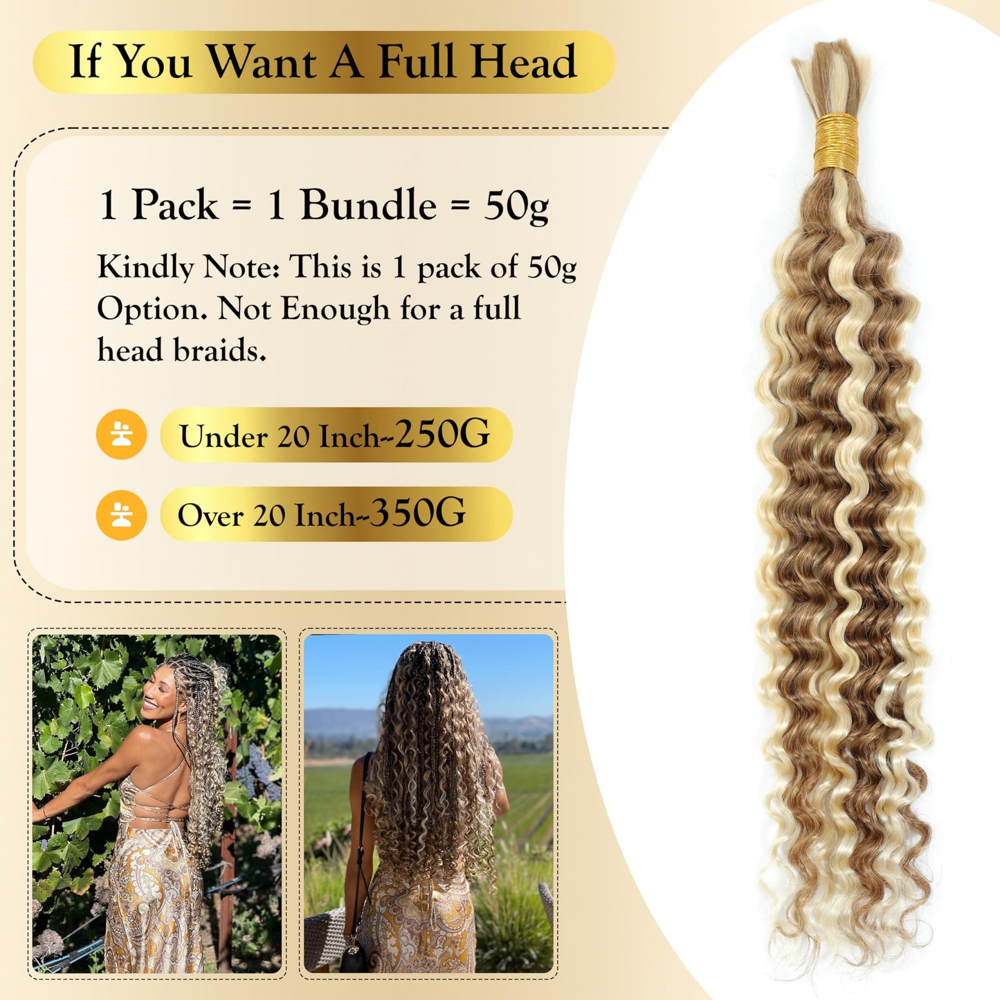 Syrenlore F27/613 Human Hair Deep Wave Bulk for Boho Braids 20 Inch 50G, 12A Multi Blonde Highlight Braiding 100% Real Virgin Hair No Weft Honey Blonde Ombre #27/613 Culry Braids Miracle Knots