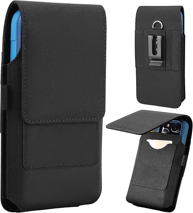 for iPhone 17 Pro Max Air 16/15/14/13/12/11 Pro Max Nylon Cell Phone Pouch Holster Case with Belt Clip Cover Holder for Galaxy S25+ S24+ S23+ S22+ S21+ (Black)
