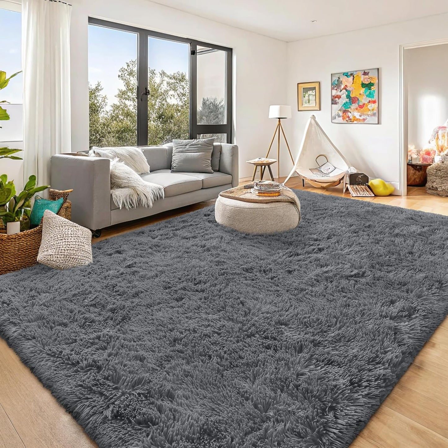 OLANLY Large Area Rug - Soft Fluffy Shaggy Indoor Carpet for Living Room & Bedroom | Grey 8x9 ft