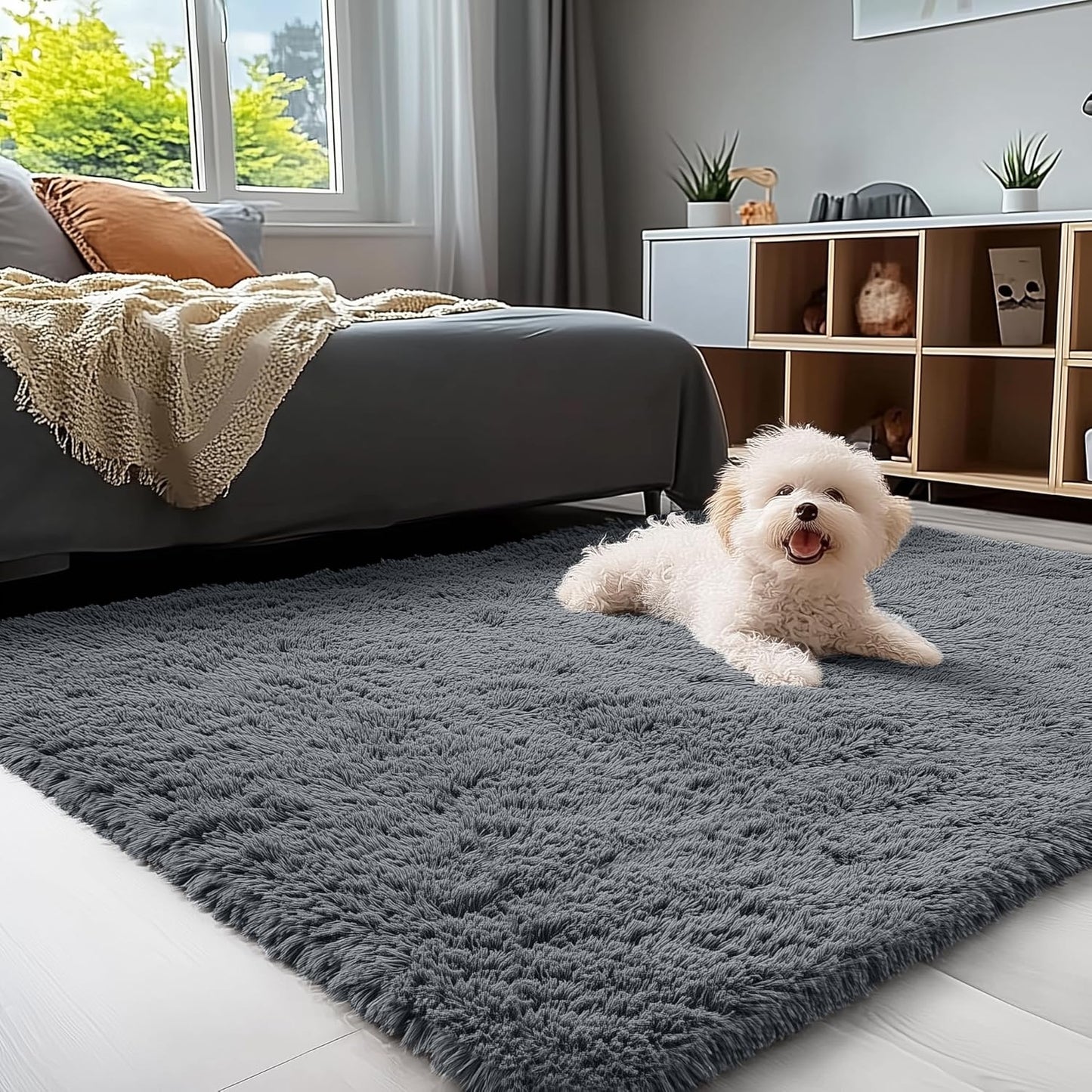 OLANLY Area Rug - Soft Fluffy Shaggy Design for Living Room & Bedroom | Machine Washable, Grey 4x8